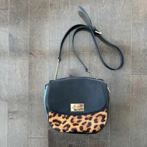 Talbots Leather Calf‎ Hair Leopard Print Adjustable Crossbody Black Gold Accents